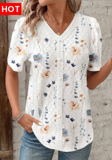 ROTITA Embroidery Floral Print White V Neck Short Sleeve Blouse
