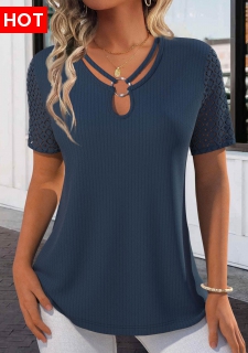 ROTITA Lace Navy Tie Collar Short Sleeve T Shirt