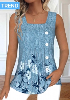 ROTITA Plus Size Button Dusty Blue Floral Print Tank Top