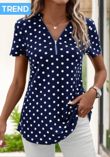 ROTITA Zipper Polka Dot Navy V Neck T Shirt