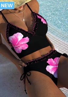 ROTITA Tie Black Floral Print Mid Waisted Bikini Set