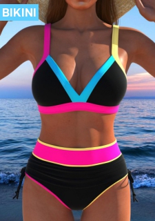 ROTITA Contrast Binding Black High Waisted Bikini Set