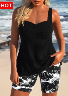 ROTITA Surplice Black Feathers Print Tankini Set