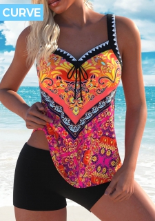 ROTITA Plus Size Bowknot Tribal Print Multi Color Tankini Top