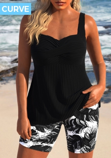 ROTITA Plus Size Surplice Feathers Print Black Tankini Set