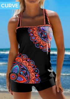 ROTITA Plus Size Mid Waisted Contrast Binding Black Tankini Set