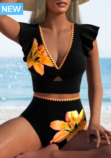 ROTITA Contrast Binding Black Floral Print High Waisted Bikini Set