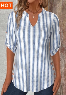 ROTITA Button Striped White Split Neck 3/4 Sleeve Blouse