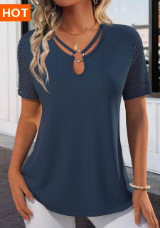 ROTITA Lace Navy Tie Collar Short Sleeve T Shirt