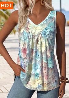 ROTITA Plus Size Patchwork Light Blue Floral Print Tank Top
