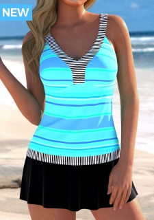 ROTITA Patchwork Cyan V Neck Striped Tankini Top
