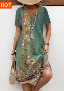 ROTITA Button Floral Print Green A Line Split Neck Dress