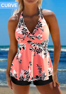 ROTITA Plus Size Criss Cross Floral Print Coral Tankini Top