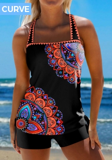 ROTITA Plus Size Mid Waisted Contrast Binding Black Tankini Set
