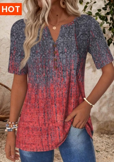 ROTITA Tuck Stitch Ombre Deep Red Split Neck T Shirt