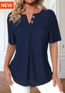 ROTITA Button Navy Split Neck Short Sleeve Blouse