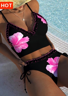 ROTITA Tie Black Floral Print Mid Waisted Bikini Set