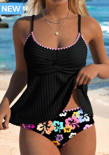 ROTITA Contrast Binding Black Floral Print Mid Waisted Tankini Set