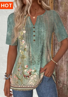 ROTITA Tuck Stitch Random Floral Print Sage Green T Shirt