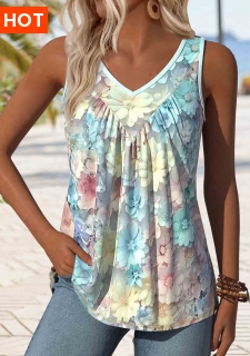 ROTITA Plus Size Patchwork Light Blue Floral Print Tank Top