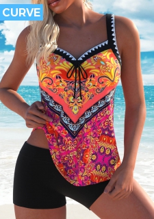 ROTITA Plus Size Bowknot Tribal Print Multi Color Tankini Top