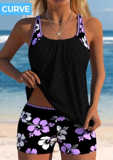 ROTITA Plus Size Mid Waisted Floral Print Tankini Set