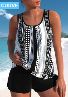 ROTITA Plus Size Bowknot Geometric Print Black Tankini Set