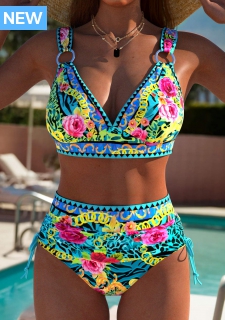 ROTITA Cyan Floral Print High Waisted Bikini Set