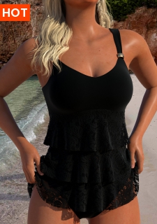 ROTITA Lace V Neck Black Tankini Set