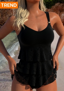 ROTITA Lace V Neck Black Tankini Set