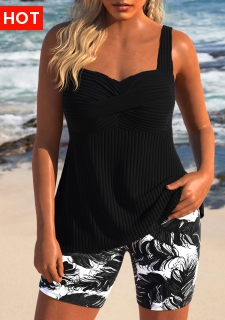 ROTITA Surplice Black Feathers Print Tankini Set