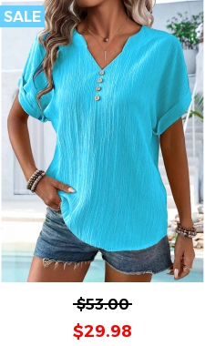ROTITA Button Blue Split Neck Short Sleeve T Shirt
