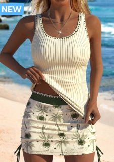 ROTITA Beige Tropical Plants Print Mid Waisted Tankini Set
