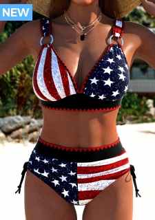 ROTITA Multi Color American Flag Print High Waisted Bikini Set