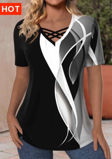 ROTITA Criss Cross Geometric Print Black V Neck T Shirt