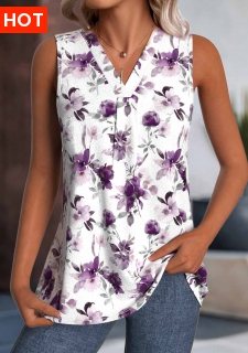ROTITA Floral Print White V Neck Sleeveless Tank Top