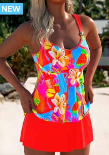 ROTITA Coral Geometric Print Mid Waisted Tankini Set
