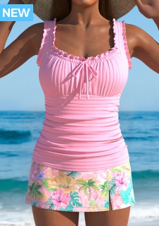 ROTITA Pink Floral Print Mid Waisted Tankini Set