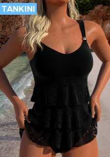 ROTITA Lace V Neck Black Tankini Set