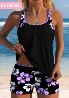 ROTITA Light Purple Floral Print Mid Waisted Tankini Set