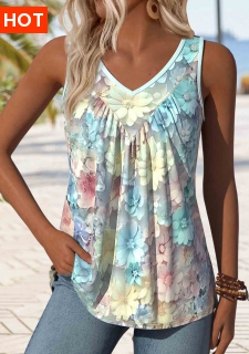 ROTITA Patchwork Floral Print Light Blue V Neck Tank Top