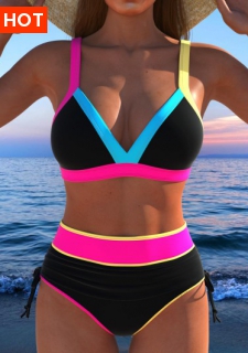 ROTITA Contrast Binding Black High Waisted Bikini Set