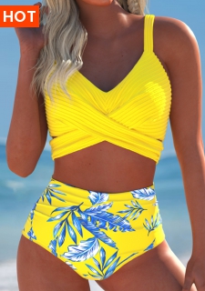 ROTITA Surplice Yellow Tropical Plants Print Bikini Set