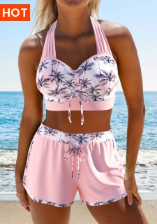 ROTITA Drawstring Light Pink Tropical Plants Print Bikini Set