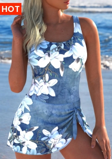 ROTITA Tie Denim Blue Floral Print One Piece Swimdress