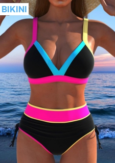 ROTITA Contrast Binding Black High Waisted Bikini Set