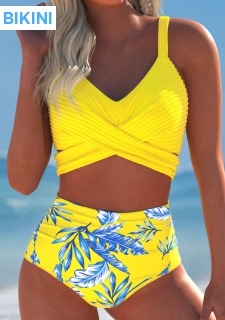 ROTITA Surplice Yellow Tropical Plants Print Bikini Set