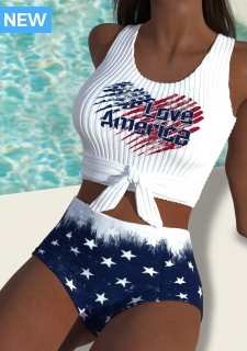 ROTITA Blue American Flag Print High Waisted Bikini Set
