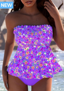 ROTITA Light Purple Ditsy Floral Print Mid Waisted Tankini Set