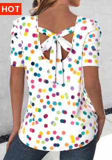 ROTITA Bowknot Polka Dot White Round Neck Short Sleeve Blouse